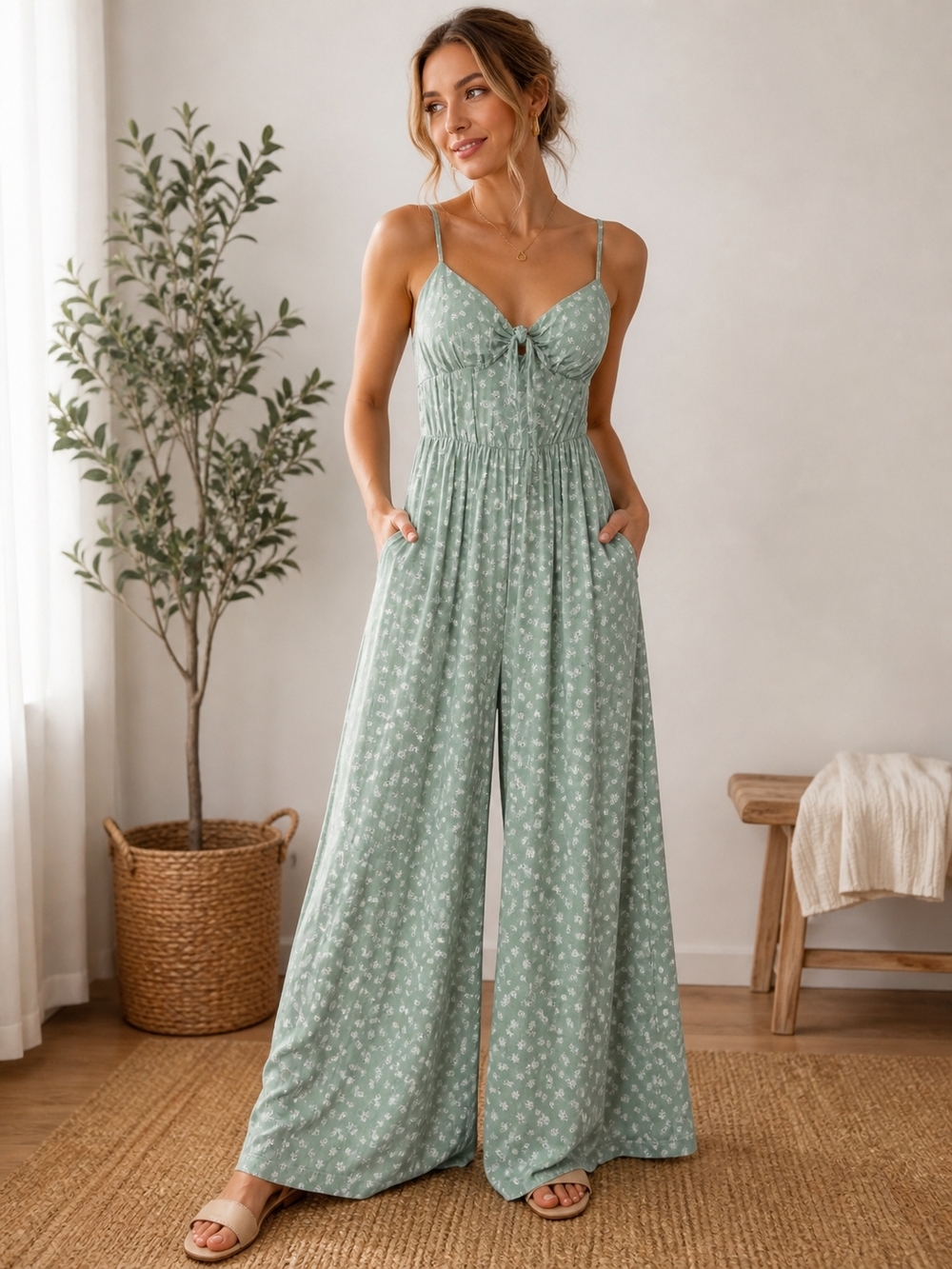 As U Wish Sage Green Smocked Wide-Leg Jumpsuit with Tie Front